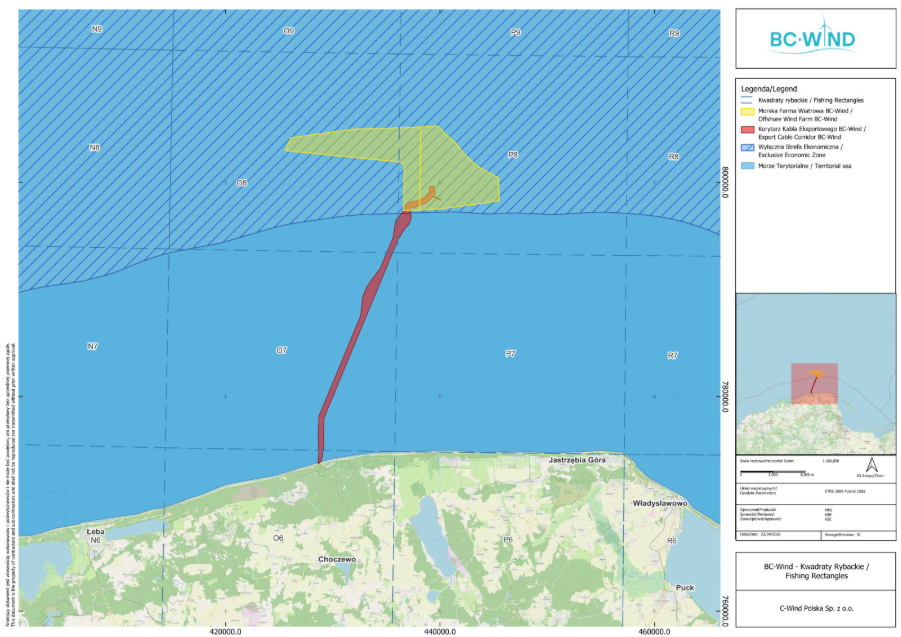 Mapa lokalizacji MFW BC-Wind i korytarza kabla eksportowego na tle kwadratów rybackich